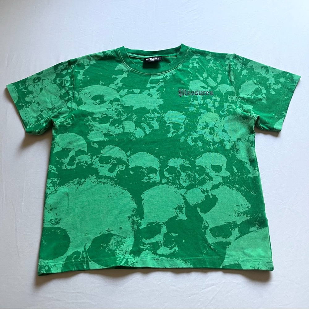 PLEASURES NOW green skull logo embroidered crew neck short sleeve T-shirt‎